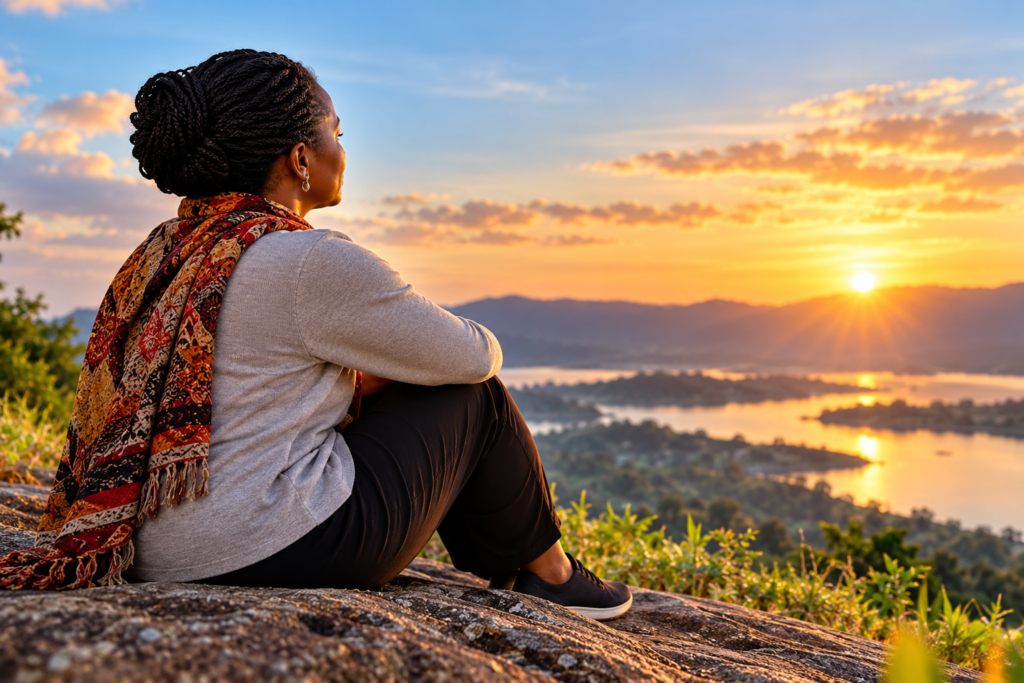 African woman sitting peacefully on a hillside at sunset, reflecting on inner peace, emotional healing, and personal growth.