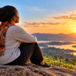 The Power of Calm – Inner Peace and Emotional Healing - Soul Connections Hub African woman sitting peacefully on a hillside at sunset, reflecting on inner peace, emotional healing, and personal growth.