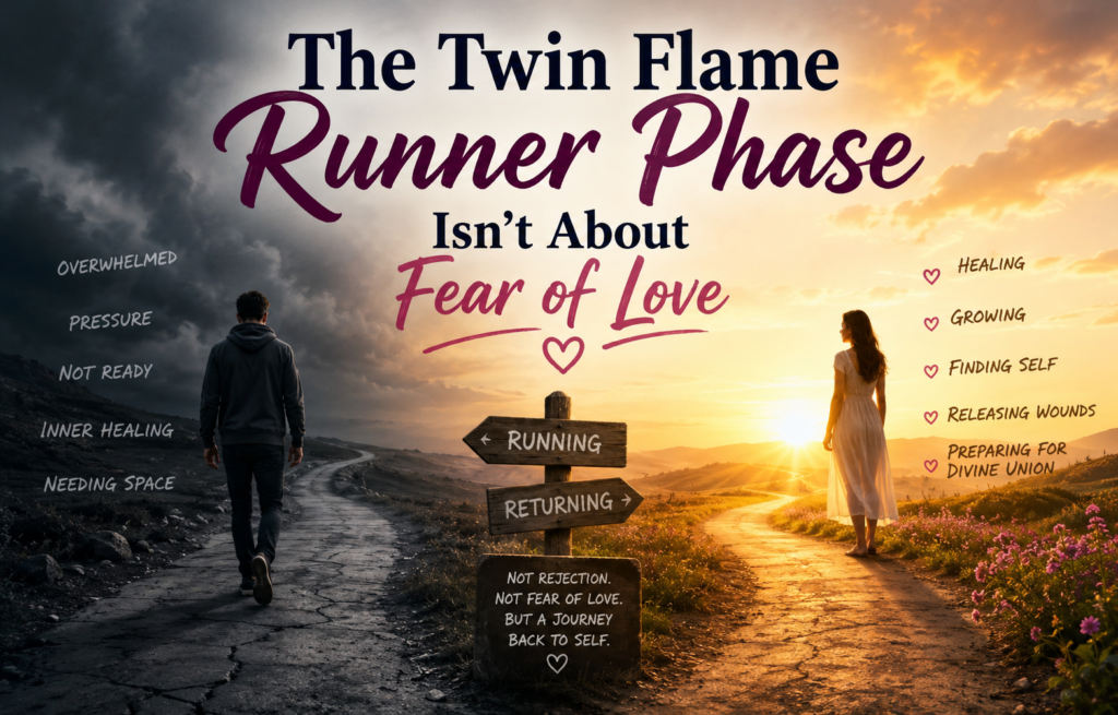 Twin flame runner phase showing one partner walking away while the other focuses on healing and personal growth.