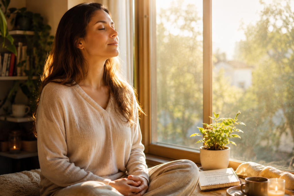 Woman sits by a sunlit window with eyes closed, meditating; plant, notebook, and candle nearby on the sill.