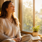 ChatGPT Image Jul 20 2026 06_14_06 PM - Woman sits by a sunlit window with eyes closed, meditating; plant, notebook, and candle nearby on the sill.