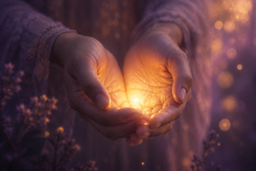 Hands cupped around a warm glowing light against a purple, dreamy background.