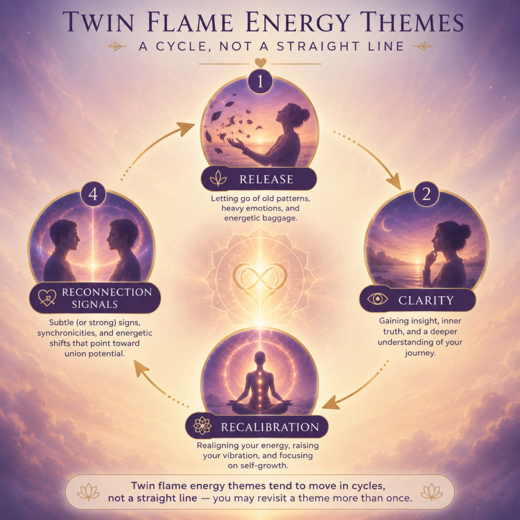 ChatGPT Image Jul 23 2026 10_28_31 PM - Infographic showing a four‑stage cycle of Twin Flame energy: Release, Clarity, Recalibration, and Reconnection signals, with cycle arrows.
