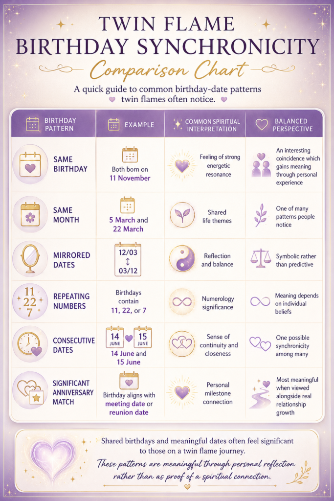 Infographic titled "Twin Flame Birthday Synchronicity Comparison Chart" in pastel purples. Four-column table: Birthday Pattern, Example, Common Spiritual Interpretation, Balanced Perspective. Rows cover Same Birthday, Same Month, Mirrored Dates, Repeating Numbers, Consecutive Dates, Significant Anniversary Match, each with small icons and short descriptions illustrating patterns and interpretations.