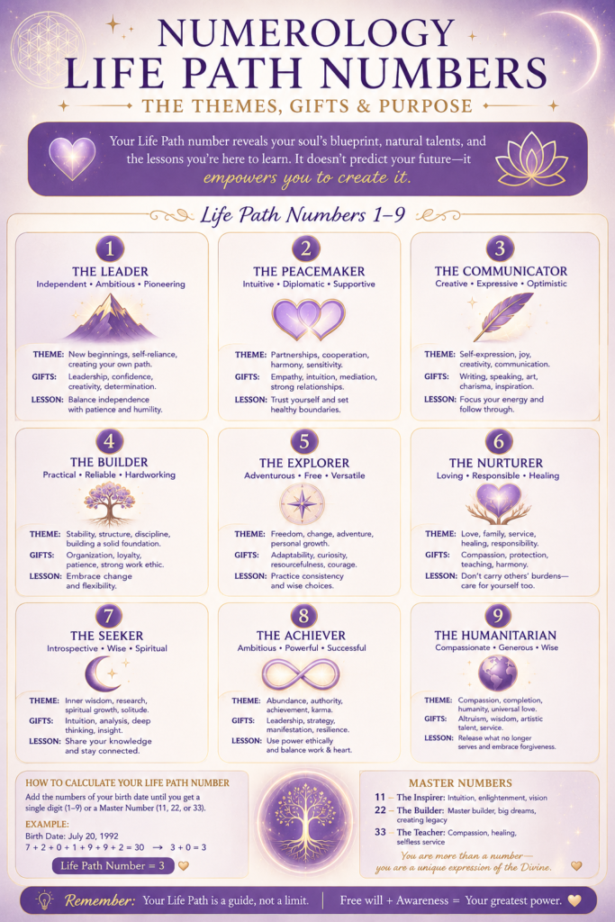 Infographic listing Life Path Numbers 1–9 with their titles, themes, gifts, and lessons.