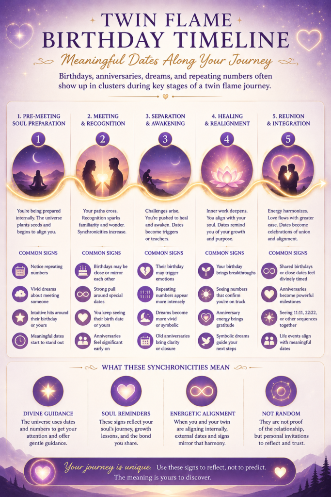 Infographic titled 'Twin Flame Birthday Timeline' showing five stages of a twin flame journey with purple-gold design and circular icons.