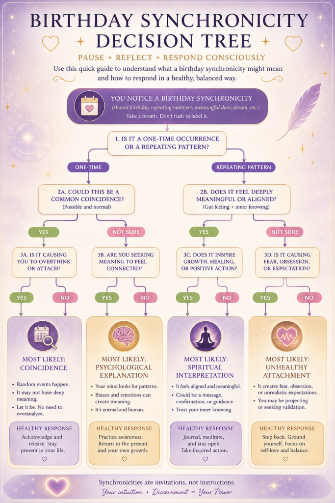 Infographic titled Birthday Synchronicity Decision Tree explaining how to respond to shared birthdays, showing a flow from one-time or repeating pattern to four outcomes: coincidence, psychological explanation, spiritual interpretation, or unhealthy attachment.
