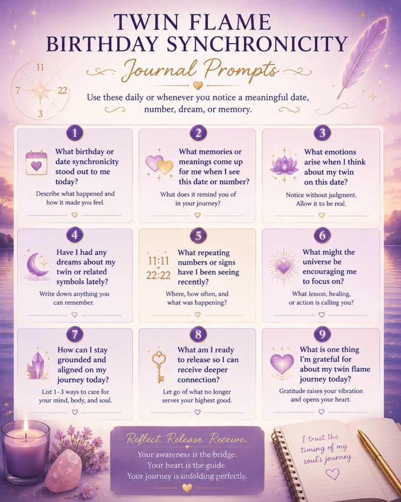 Poster titled Twin Flame Birthday Synchronicity: nine journal prompt cards in a 3x3 grid on a purple-pink background with gold accents and celestial icons.