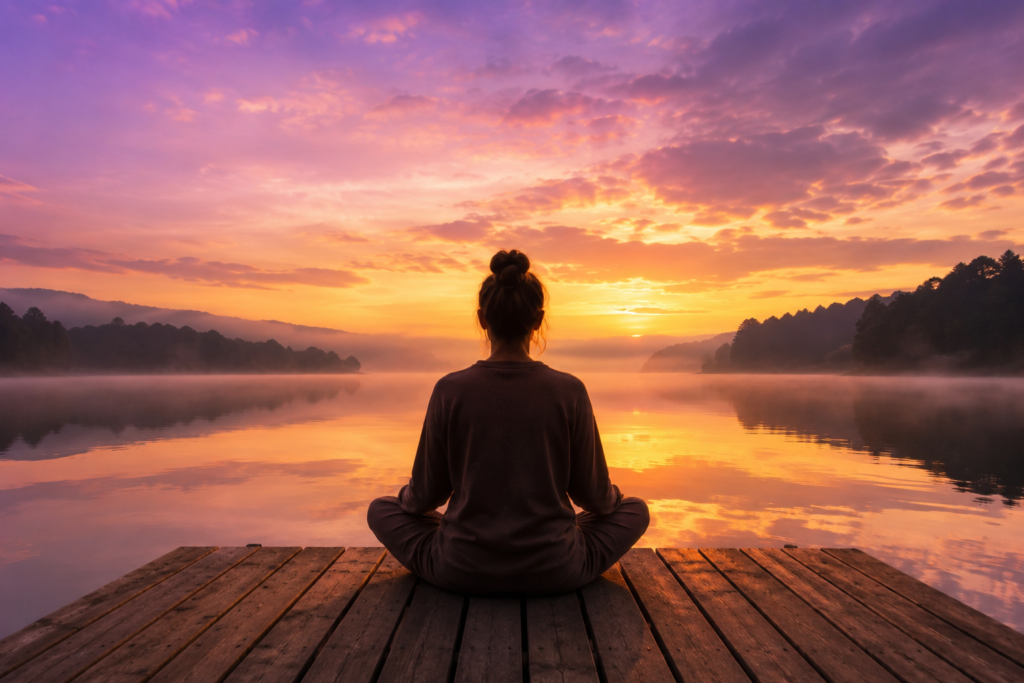 A person sits peacefully on a dock at sunrise facing calm water beneath a soft purple and gold sky, representing inner stillness.