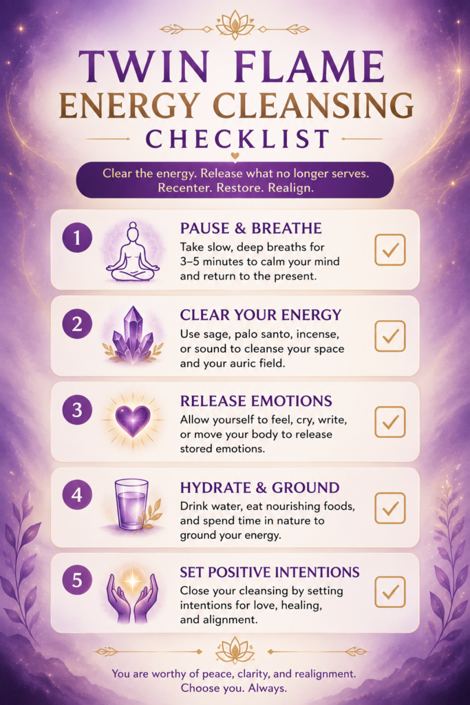 ChatGPT Image Jul 29 2026 10_46_23 PM - Printable checklist titled "Twin Flame Energy Cleansing Checklist" showing five self-care steps for clearing emotional energy, including breathing, energy cleansing, emotional release, grounding, and setting positive intentions.