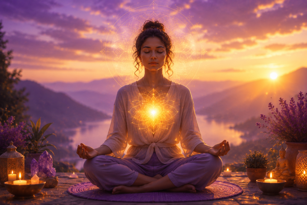 ChatGPT Image Jul 29 2026 10_52_53 PM - Person sitting peacefully in meditation with a soft golden light glowing from the heart center, surrounded by calming purple and gold energy in a tranquil setting.