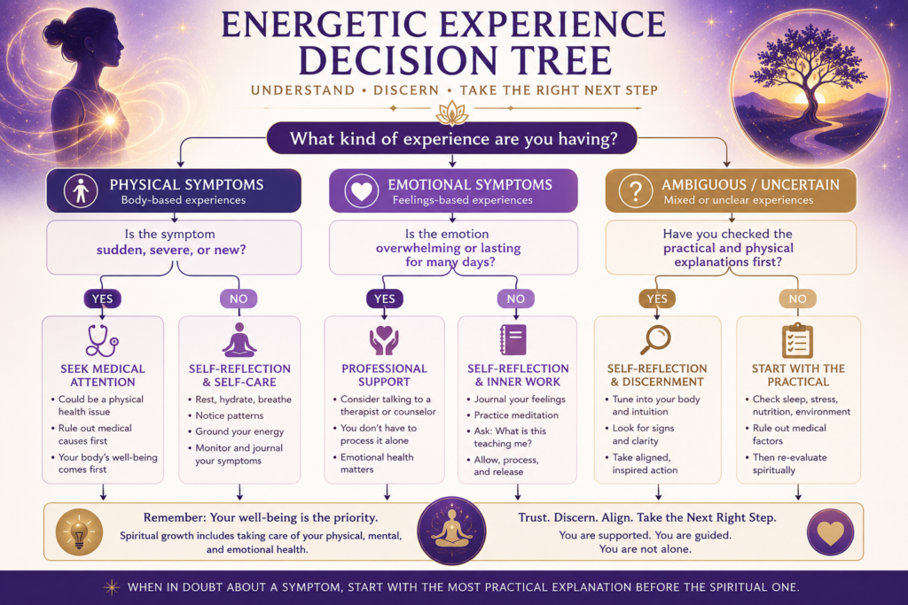ChatGPT Image Jul 29 2026 10_56_43 PM - Decision tree flowchart helping readers determine whether an energetic experience needs medical attention, self-reflection, or professional support, encouraging practical explanations before spiritual interpretation.